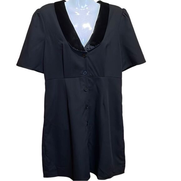 Rihoas The Black Mini Dress Size Large Velvet Lapel‎ Cap Sleeve Button-up NWT - Picture 2 of 8